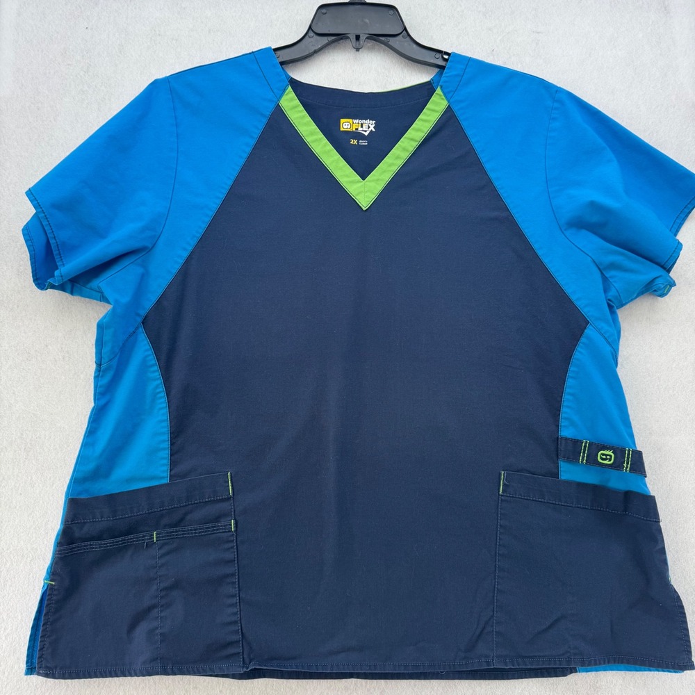 WonderFLEX Scrub‎ Top 2X Womens Blue Green V Neck Short Sleeve Uniform